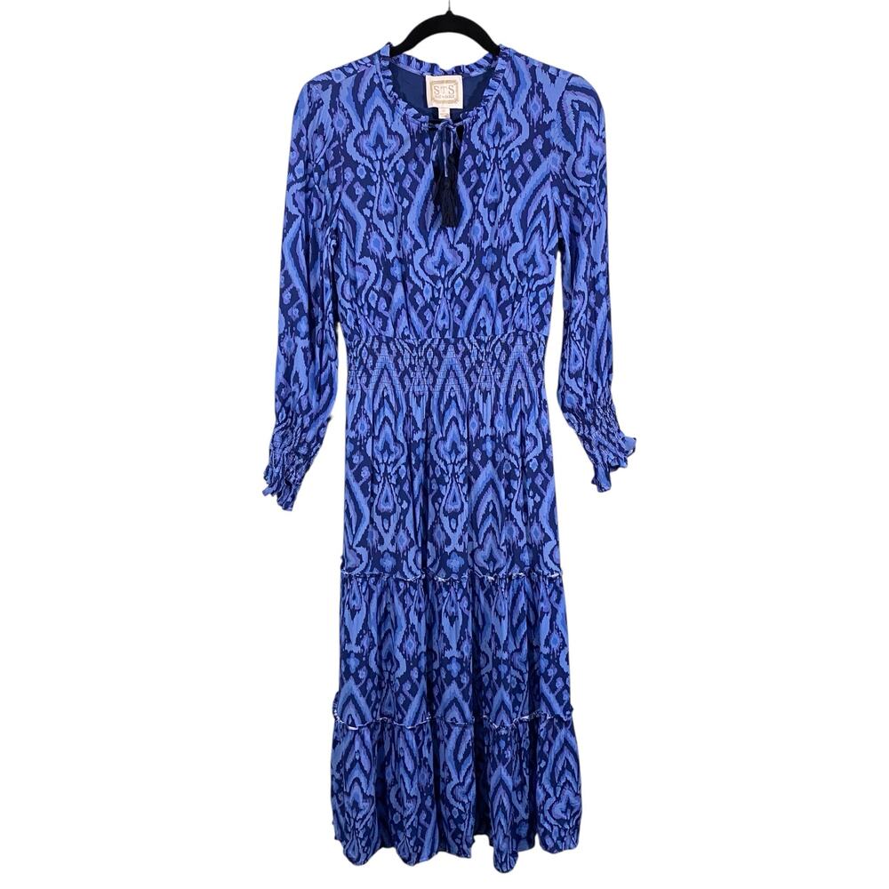 Sail To Sable Women Blue Ikat Tassels Smocked Waist L/S Midi Dress Size XS